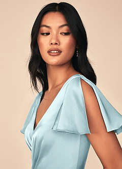 Azazie Soren Bridesmaid Dresses Cloud Blue A-Line Pleated Stretch Satin Dress image6