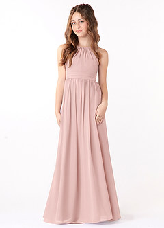 Azazie Jaylah Junior Powder Pink A-Line Ruched Chiffon Dress image4