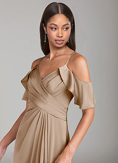 Azazie Dakota Bridesmaid Dresses Taupe A-Line Off the Shoulder Stretch Satin Dress image5
