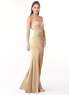 Azazie Emeria Robes de demoiselle d'honneur Robe Sirène en Satin extensible Plissée Champagne image4