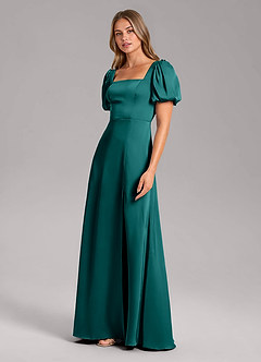 Azazie Fyona Bridesmaid Dresses Peacock A-Line Pleated Stretch Satin Dress image10