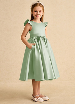 Azazie Dumpling Flower Girl Dresses Dusty Sage A-Line Bow Matte Satin Dress image3