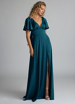 Azazie Kimber Brautjungfernkleider A-Linie Gestreift Stretch-Satin Kleid Tintenblau image4