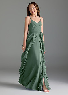 Azazie Peyton Junior Eucalyptus A-Line V-Neck Cascading Ruffles Chiffon Dress image3