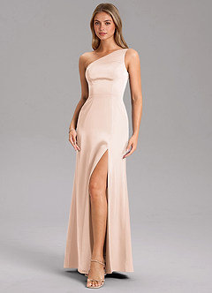 Azazie Feby Bridesmaid Dresses Blushing Pink A-Line One Shoulder Stretch Satin Dress image6
