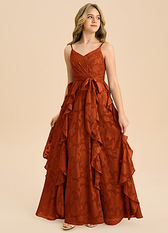 Azazie Peyton Junior Abito A-Line in Burnout Floreale Plissettato Paprika image4