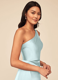 Azazie Maron Bridesmaid Dresses Sea Glass A-Line One Shoulder Stretch Satin Dress image5