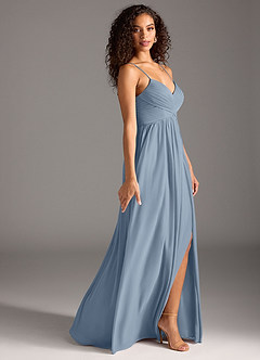 Azazie Alia Final Sale Dusty Blue A-Line Pleated Mesh Dress image3
