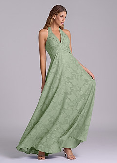 Azazie Tessie 신부 들러리 드레스 A라인 주름진 플로럴 번아웃 바닥 길이 드레스 image5