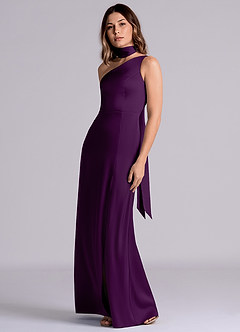 Azazie Philana Bridesmaid Dresses Grape A-Line One Shoulder Stretch Satin Dress image6