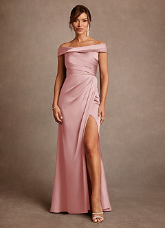 Azazie Bedford Mère de la mariée Robes Robe Fourreau en Satin extensible Plissée Rose Poudré image1