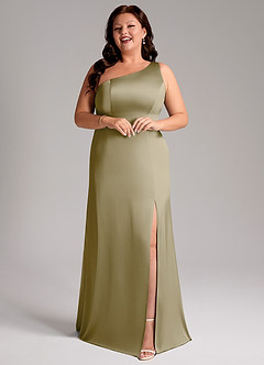Azazie Phaedra Bridesmaid Dresses Moss Green A-Line One Shoulder Stretch Satin Dress image6