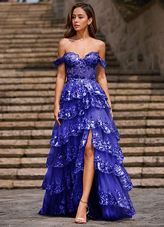 Glitz Blauw Geplooide A-lijn galajurk image5