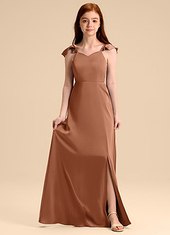 Azazie Everett Junior Vestido de Bronceador de Satén Elástico de Corte en A con Lazo image1