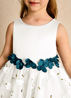 Azazie Starri Flower Girl Dresses Ivory Ink Blue Ball-Gown Beaded Matte Satin Dress image8