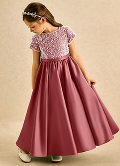 Azazie Cashew Flower Girl Dresses Antique Rose Ball-Gown with Sleeves Matte Satin Dress image5