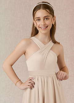 Azazie Jiya Junior White Alabaster A-Line Pleated Stretch Satin Dress image4