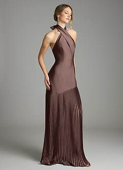 Azazie Nayeli Final Sale Ganache A-Line Pleated Stretch Satin Dress image5