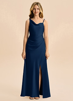 Azazie Abby Junior Robe Fourreau en Satin extensible Plissé Bleu Marine Foncé image5