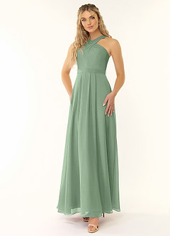 Azazie Dixie Bridesmaid Dresses A-Line Halter Pleated Chiffon Floor-Length Dress image3