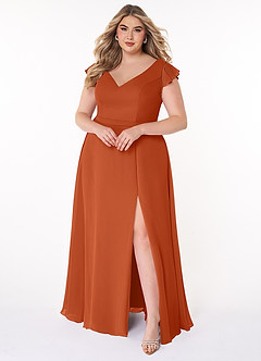 Azazie Claudine Bridesmaid Dresses Burnt Orange A-Line Flutter Sleeve Chiffon Dress image7