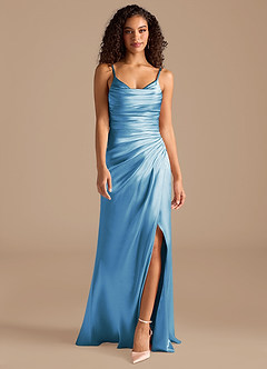 Azazie Deandra Bridesmaid Dresses Steel Blue Mermaid Pleated Metallic Satin Dress image4