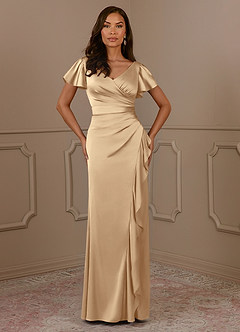 Azazie Roya Mother of the Bride Dresses Champagne Mermaid V-Neck Pleated Stretch Satin Dress image2