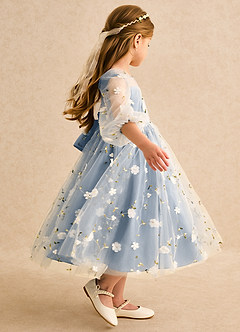 Azazie Elowen Robe Demoiselle D'honneur Fillette Robe Trapèze en Dentelle Encolure en Forme de Cœur Bleu Poussiéreux image6