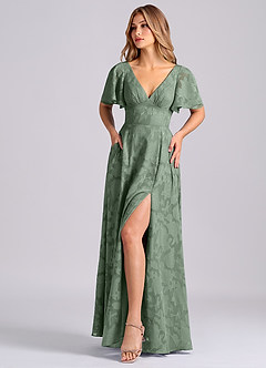 Azazie Kimber 신부 들러리 드레스 A라인 포켓이 있는 플로럴 번아웃 바닥 길이 드레스 image6