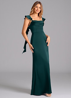 Azazie Adi Bridesmaid Dresses Pine A-Line Pleated Stretch Satin Dress image3