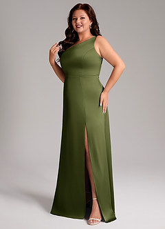 Azazie Phaedra Bridesmaid Dresses Olive A-Line One Shoulder Stretch Satin Dress image12