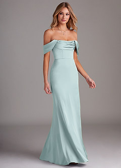 Azazie Saige Bridesmaid Dresses Mist Sheath Off the Shoulder Stretch Satin Dress image6