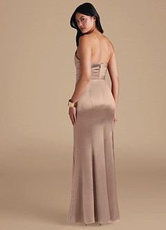 Azazie Yola Bridesmaid Dresses Taupe Sheath Pleated Metallic Satin Dress image4