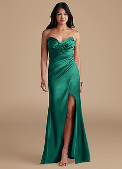 Azazie Yola Bridesmaid Dresses Emerald Sheath Pleated Metallic Satin Dress image1