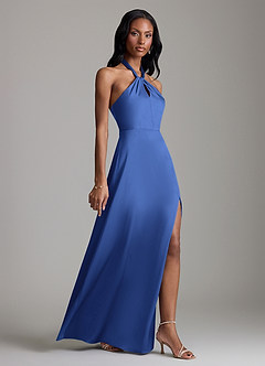 Azazie Tracie Bridesmaid Dresses Royal Blue A-Line Side Slit Stretch Satin Dress image3