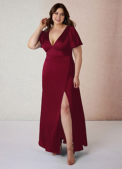 Azazie Lani Bridesmaid Dresses Burgundy A-Line Flounce Sleeve Stretch Satin Dress image7