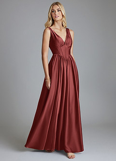 Azazie Delmie Robes de demoiselle d'honneur Robe Trapèze en Satin extensible Corset Terracotta image5