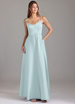 Azazie Marley 신부 들러리 드레스 A라인 오프 더 숄더 스트레치 새틴 바닥 길이 드레스 image3