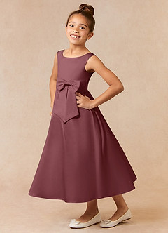 Azazie Lindy vestidos de niña de las flores Vestido de Rosa Del Desierto de Satin Mate de Acampanado con Plisado image1