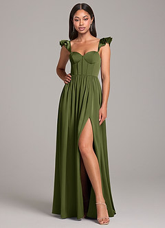 Azazie Denisse Robes de demoiselle d'honneur Robe Trapèze en Satin extensible Rayé Olive image4