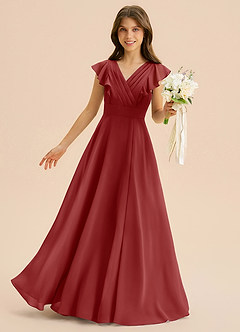 Azazie Anysa Junior Robe Trapèze en Mousseline de soie Rayé Rouille image1