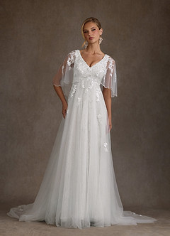 Azazie Renesmee Vestidos de novia Vestido Diamante Blanco de Tul de Línea A con Lentejuelas image1