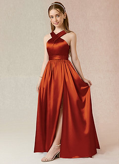 Azazie Jiya Junior Paprika A-Line Pleated Metallic Satin Dress image1