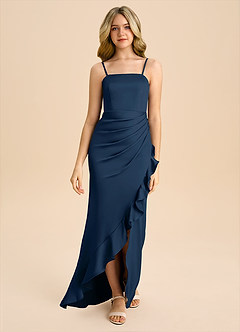 Azazie Buzzy Junior Dark Navy Sheath Pleated Stretch Satin Dress image4