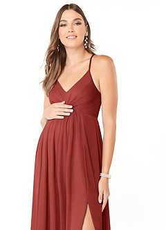 Azazie Annabelle Brautjungfernkleider für Schwangere A-Linie V-Hals Gefaltet Gittergewebe Bodenlänge Kleid image6
