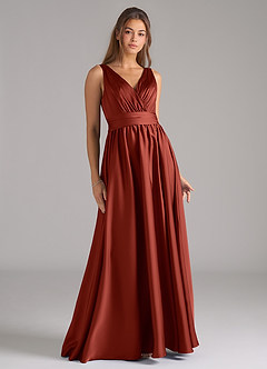 Azazie Kora Bridesmaid Dresses Terracotta A-Line Pleated Stretch Satin Dress image1