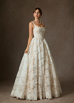 Azazie Geneva Wedding Dresses Diamond White Champagne Ball-Gown Square Neckline Lace Dress image1