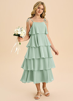 Azazie Shortcake Junior Vestido de Agave de Gasa de Corte en A con Lazo image6