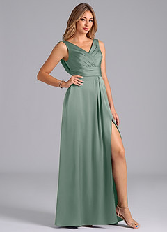Azazie Karina At-home Try On Dresses Desert Rose A-Line Pleated Stretch Satin Dress image5