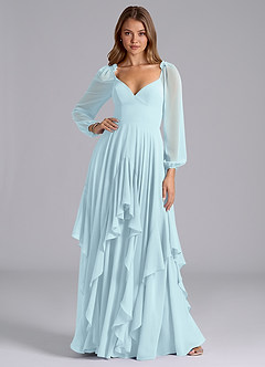 Azazie Karan Bridesmaid Dresses Cloud Blue A-Line Long Sleeve Chiffon Dress image3
